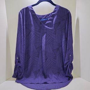 Apt. 9 - Purple, V Neckline, Geometric Pattern, Cuffed Sleeve Blouse